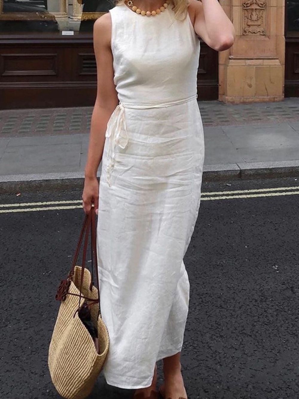 Commense Sleeveless White Linen Maxi Dress L